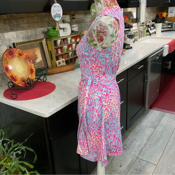 JB by Julie Brown Pink & Blue Lizzy Meow Leopard Print Wrap Dress XS New W/Tags - Picture 5 of 16